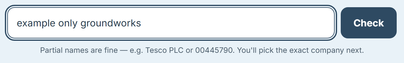 Screenshot: the B4uWork search box with a company name typed in